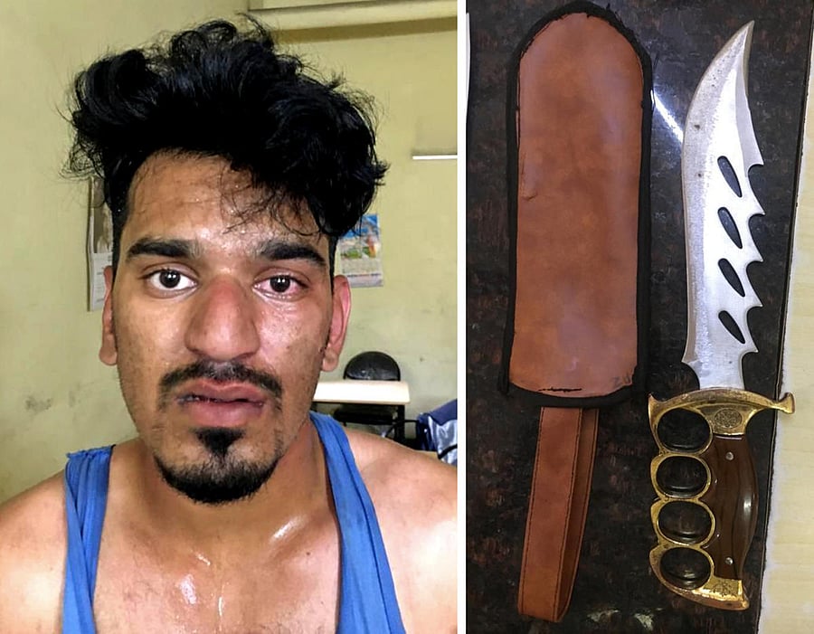 Arbaz Ahmed and (right) the dagger he used.