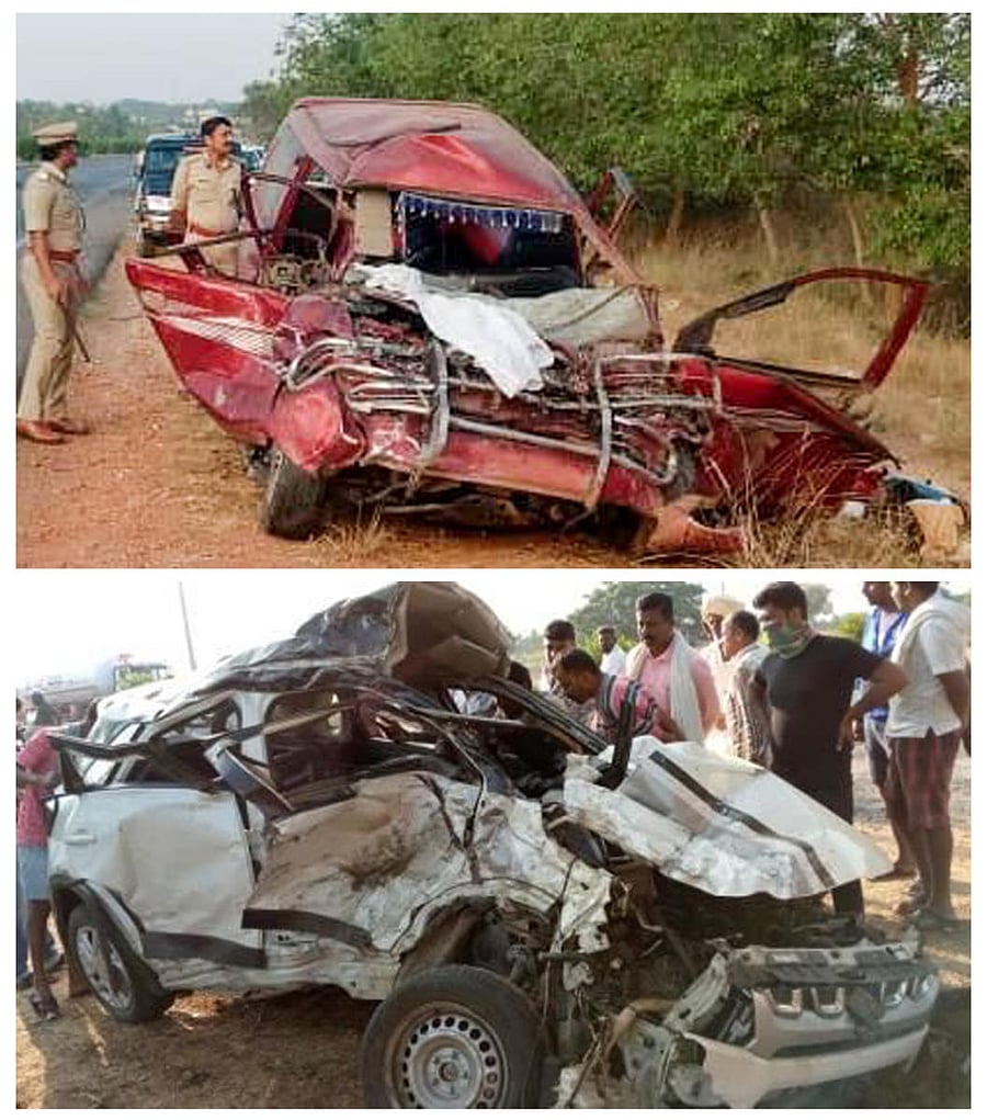 The wreckage of one of the SUVs involved in the accident on Friday. DH photo
