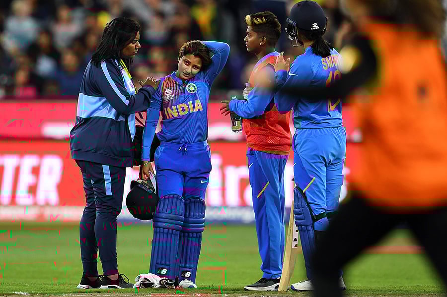 But Bhatia's stay was shortlived as she had to retire hurt in the second over after getting hit on her helmet by left-arm spinner Jess Jonassen. (Credit: AFP Photo)