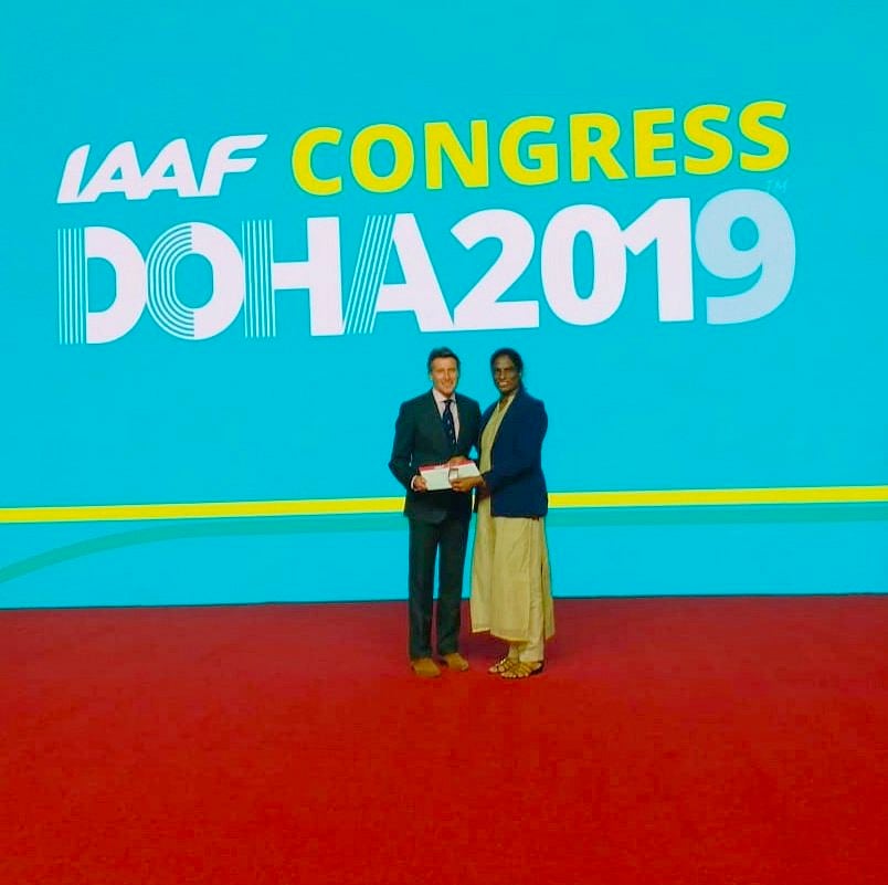 Indian track and field legend P T Usha being honoured by Sebastian Coe of IAAF in Doha. (Twitter/@PTUshaOfficial)