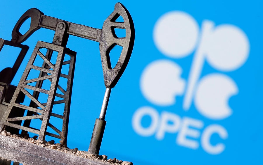 A 3D printed oil pump jack is seen in front of displayed Opec logo in this illustration picture, April 14, 2020.  Credit: Reuters Photo