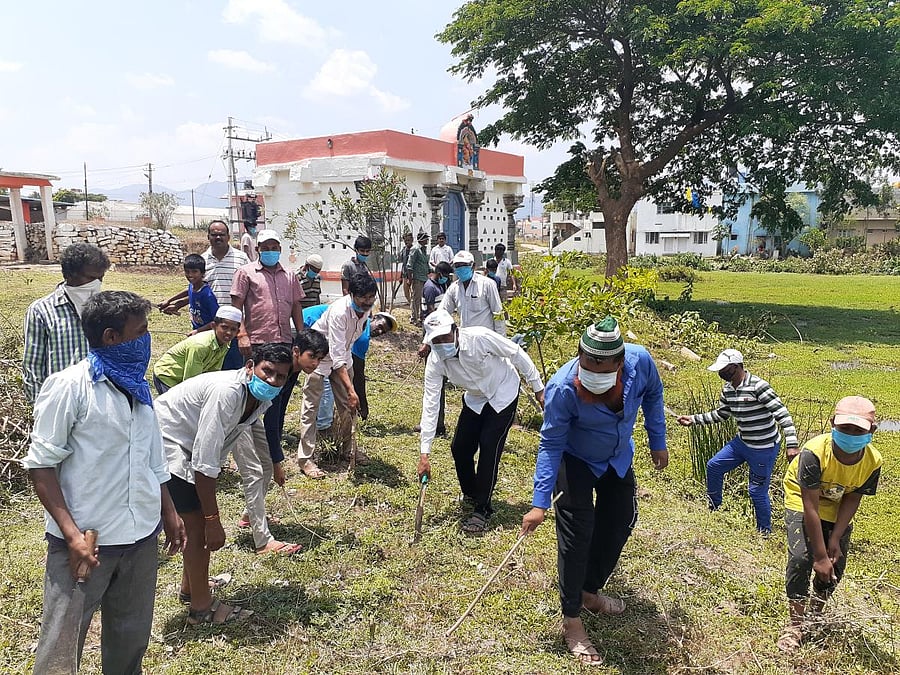 Muslims join hands with Hindus in cleaning the premises of Anjaneyaswamy Temple in Chikkamagaluru.