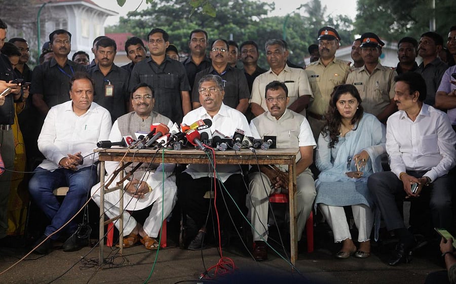 State BJP President Chandrakant Patil (centre) wrote to Maharashtra Governor Bhagat Singh Koshyari, Chief Minister Uddhav Thackeray and Deputy Chief Minister Ajit Pawar, demanding the removal of Home Minister Ajit Pawar. PTI/File