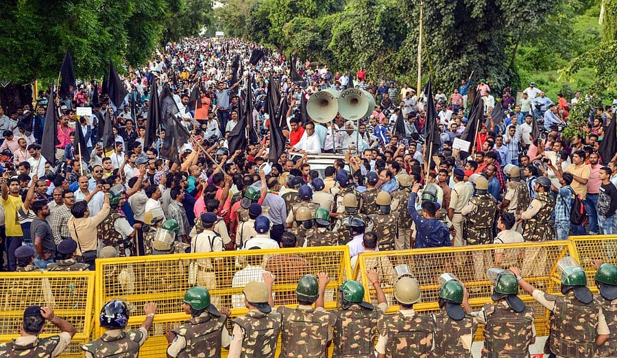 Jabalpur: All India employees take part in a protest rally against the Central government over the proposed privatization of 41 ordnance factories in Jabalpur
