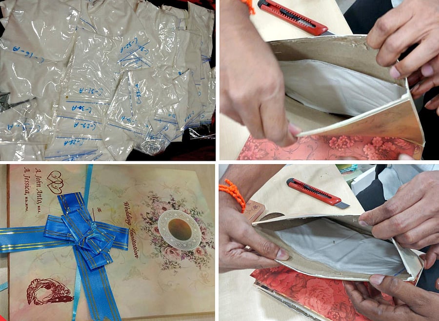 Officials at the courier terminal of the Air Cargo Complex found the drug packed in polythene pouches and hidden between layers of cardboard wedding invitation cards.