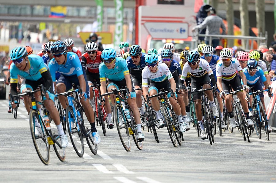 In this file photo taken on March 31, 2019 Astana's Colombian Miguel Angel Lopez (C) rides during the seventh and last stage of the 99th Volta Catalunya 2019 a 143,1km from Barcelona to Barcelona. Credit: AFP Photo