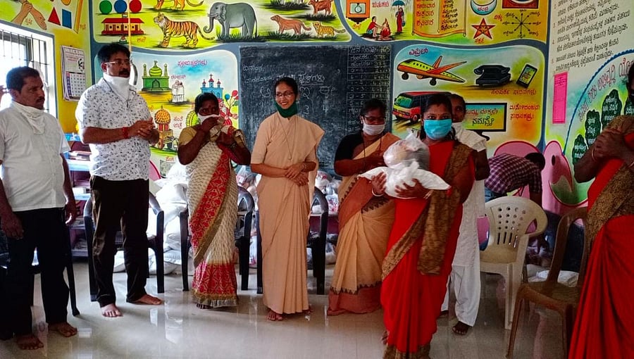 Grocery kits were distributed on the outskirts of Mangaluru.