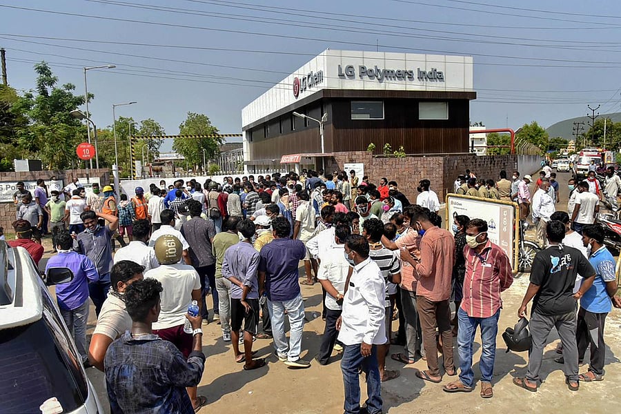 A crowd gathers outside the LG Polymers plant, where a major gas leak affected hundreds of people, in Visakhapatnam. PTI