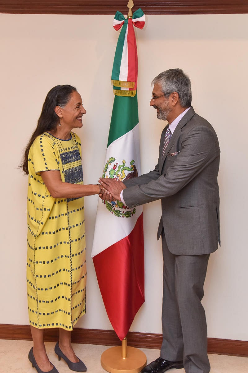 Melba Pria, The Ambassador of Mexico and Sandeep Kumar Maini, Honorary Consul of Mexicoat the opening of the Honorary Consulate of Mexico at Maini Sadan, Lavelle Road in Bengaluru on Friday. Photo by S K Dinesh