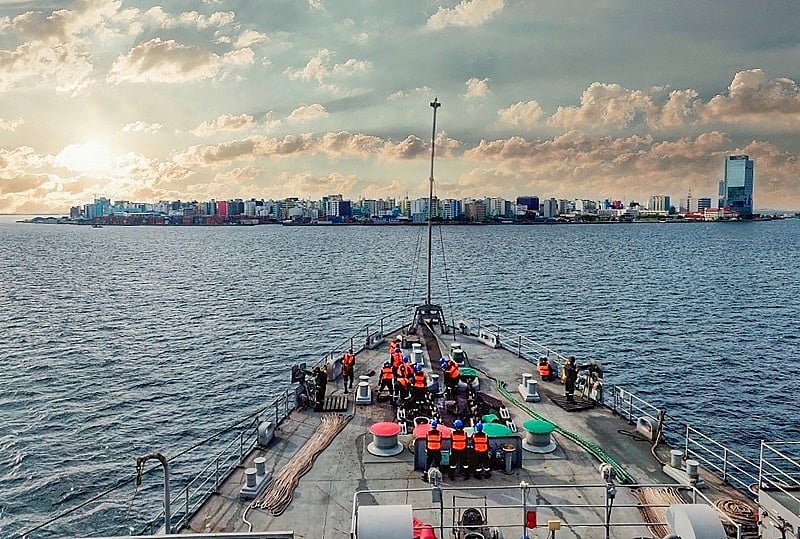 First batch of Indian nationals who were stranded in the Maldives are brought back via Indian Navy Ship (INS) Jalashwa during operation Samudra Setu. (PTI Photo)