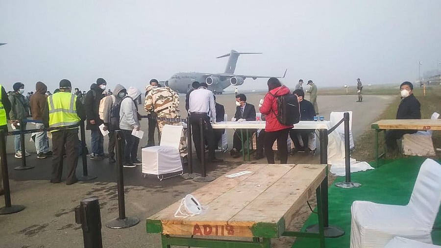 An Indian Air Force (IAF) C-17 Globemaster III transport aircraft brought 112 people that includes 76 Indians, 23 citizens from Bangladesh, six from China, two each from Myanmar and the Maldives and one each from South Africa, the US and Madagascar. (PTI Photo)