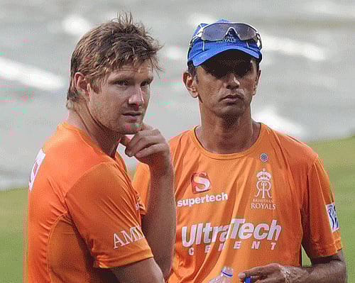 Rajasthan Royals' coach Dravid along with the captain Shane Watson during the practice session ahead of IPL Match. Rajasthan Royals mentor Rahul Dravid says his side do not mind being called ''underdogs'' but their fighting brand of cricket makes them a tough side to beat. PTI File Photo