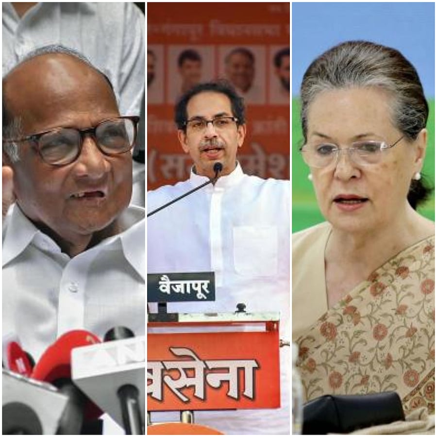 NCP chief Sharad Pawar, Shiv Sena president Uddhav Thackeray and Congress president Sonia Gandhi. (DH photo)