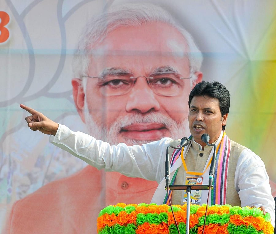 Tripura Chief Minister Biplab Kumar Deb addresses a rally, at Arambagh in Hooghly, Tuesday, Jan. 29, 2019. (PTI Photo)