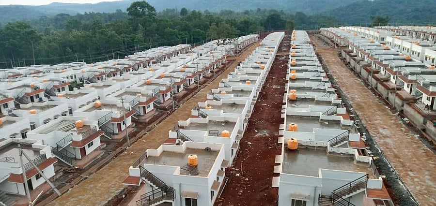 The houses ready to be handed over to the flood victims at Jamburu village in Somvarpet taluk. DH Photo