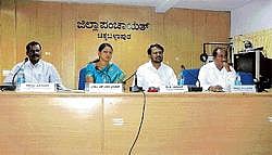 Chikkaballapur Zilla Panchayat vice-president A V Poojappa, president R Vinutha Srinivas, chief executive officer V Yashwanth and legislator K P Bacchegowda seen at a General Meeting of the Zilla Panchayat on Wednesday. DH Photo