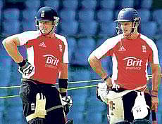 PONDERING THEIR CHANCES: England skipper Andrew Strauss (right) and Ian Bell during a net session ahead of their World Cup quarterfinal match against Sri Lanka in Colombo on Friday. DH Photo/ P SAMSON VICTOR