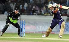 Kolkata Knight Riders Jacques Kallis plays a shot against Somerset during their Champions League Twenty20 match in Hyderabad on Sunday. PTI
