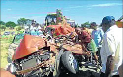 Beyond recognition: People look for bodies in the vehicle that crushed Putta Venkateshaiahs family (below) after colliding with a fuel tanker on NH-4 near Mulbagal in Kolar district on Saturday. DH Photo