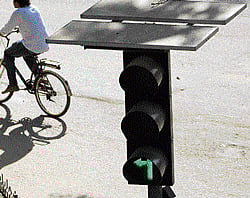 Green power: As many as 193 solar-powered traffic signals were installed in the City  during 2011-12. dh Photo
