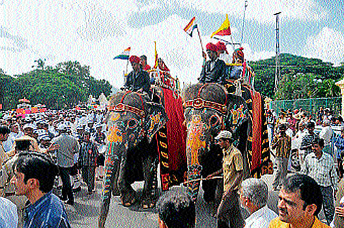 Palace elephants that were decked up and paraded during the Jain community procession in Mysore on Tuesday. dh photo