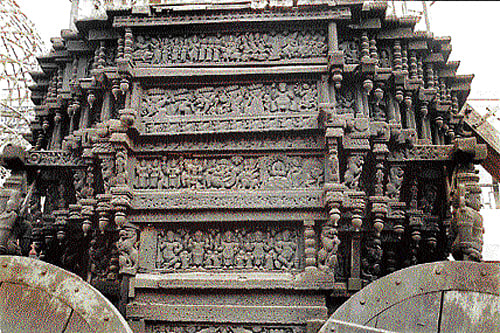 set in stone (Above) An exquisitely carved ratha. (Below) A panel depicting the legend of Kukke. (Photos by the author)