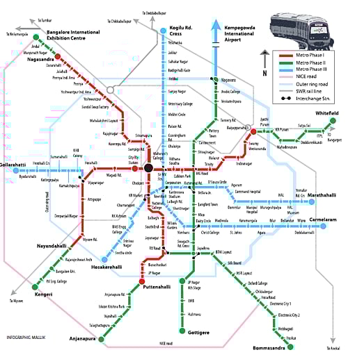 Namma Metro is set for another network boost. Buoyed by the Centre's recent clearance of Namma Metro Phase-II, the Bangalore Metro Rail Corporation Limited (BMRCL) has begun the spadework for a 133-km Phase III. DH Infographic: Mallik