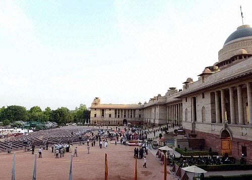 Preparations are in full swing on the fore-court of Rashtrapati Bhavan on the eve of the Swearing-in-Ceremony of prime minister designate Narendra Modi, in New Delhi. PTI photo