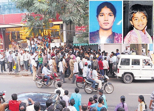 MURDER MOST FOUL: People gather outside the house on 10th Main Road, 4th Block, Rajajinagar, where Kumar Nayak (inset top left) murdered his wife Manjula Bai and their son Harshith (inset top right) on Monday. dh photos