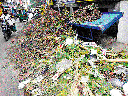 The leftover plantain leaves dumped on the side of Cubbonpet Main Road by vendors after the Dasara sales in the City. DH photo