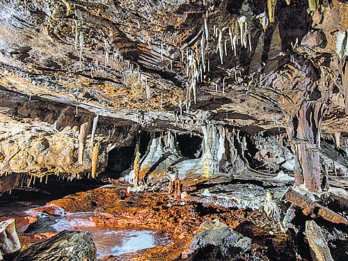 Stalactite formations inside a cave..