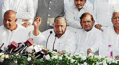 Samajwadi Party chief Mulayam Singh with RJD supremo Lalu Prasad,  JD-U chief Sharad Yadav and JD-S chief HD Devegowda in New Delhi on Wednesday. PTI