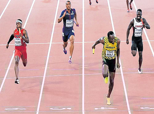 DOMINANT SHOWS: (Clockwise from top): Usain Bolt faces little challenge while anchoring Jamaica to the 4x100M relay gold at the World Championships in Beijing on Saturday.