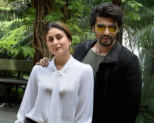 Actors Kareena Kapoor and Arjun Kapoor pose for the media during the promotion of their new fil Ki and Ka in New Delhi on Monday. PTI Photo