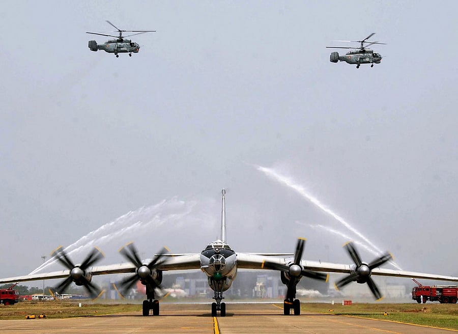 Decommissioned naval aircraft TU-142 M which made a final landing at INS Dega naval base in Visakhapatnam on  Saturday. PTI