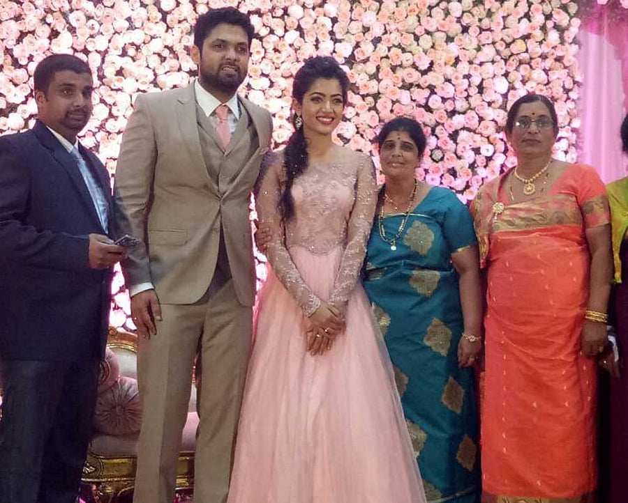 Kannada film actors Rakshit Shetty and Rashmika Mandanna at their engagement party at Virajpet, Kodagu district, on&#8200;Monday. DH&#8200;PHOTO