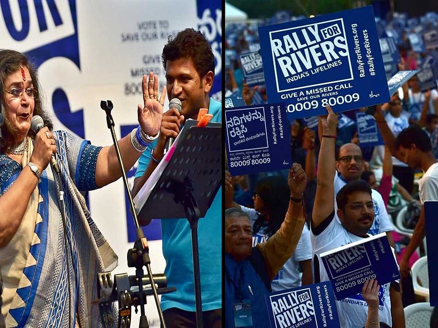 Singer Usha Uthup and Kannada Actor Puneeth Rajkumar sing a song during an event of 'Rally for Rivers' at palace ground in Bengaluru on Saturday. (Right) Supporters at the rally
