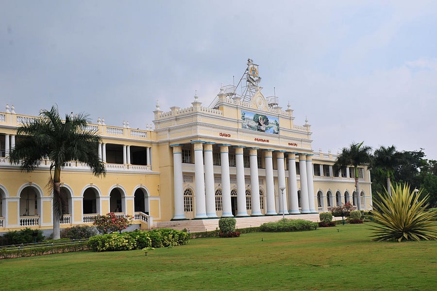 University of Mysore Crawford hall in Mysuru on Tuesday. -Photo / IRSHAD MAHAMMAD
