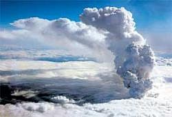 Rising threat: A plume of steam rises 6,700 metres from a crater under about 200 metres of ice at the Eyjafjallajokull glacier in southern Iceland on Wednesday. REUTERS