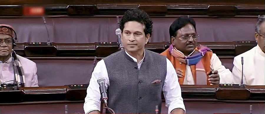 New Delhi: Cricket legend and nominated member Sachin Tendulkar speaks in the Rajya Sabha in New Delhi on Thursday, during the winter session of Parliament. PTI Photo / TV GRAB (PTI12_21_2017_000084B)