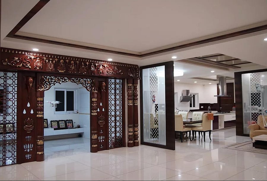 Concealed lighting in the prayer area adds a divine touch to the space.