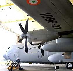 The first of Indias six C-130J Super Hercules airlifters painted in Indian Air Force colours at Lockheed Martin's Marietta plant in Georgia.