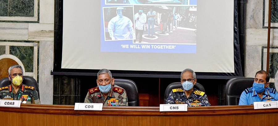 Chief of Defence Staff General Bipin Rawat (2L), Navy Chief Admiral Karambir Singh (2R), Chief of the Army Staff General MM Naravane (L) and Air Chief Marshal Rakesh Kumar Singh Bhadauria during a press conference. PTI