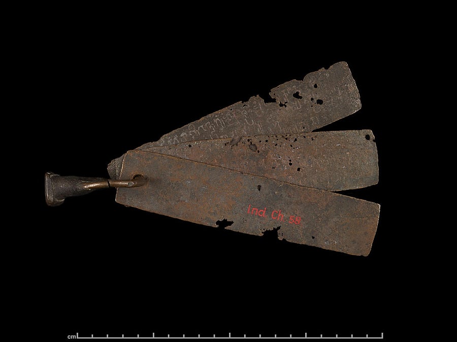 The three Halasi copper plates held together by a cut copper ring. They register the grant of King Kusthavarma of the Kadamba dynasty.( DH Photo)