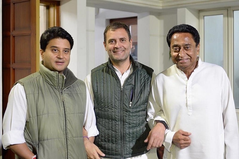 Jyotiraditya Scindia, Rahul Gandhi and Kamal Nath. (Photo: Twitter)