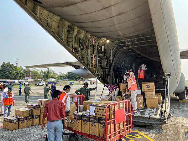 Indian Air Force (IAF) airlifts essential medical equipment and supplies onboard aircraft during 'HarKaamDeshkeNaam' initiative, to Manipur, Nagaland and UT of J&K & Ladakh from Delhi. (PTI Photo)