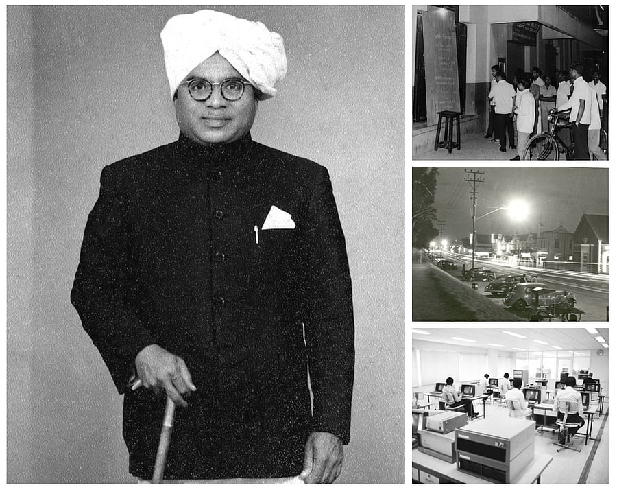 (Clockwise) K N Guruswamy, the founder of Deccan Herald & Prajavani; citizens browse Breaking News; M G Road of the past; Deccan Herald newsroom. 