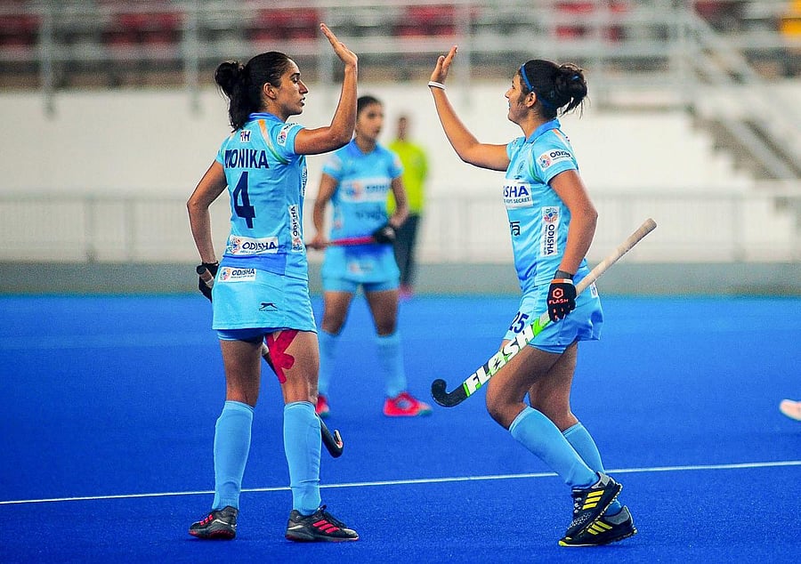 Indian hockey players celebrate their goal (PTI Photo)