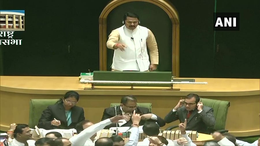 Speaker Nana Patole appealed to the BJP members to return to their seats and allow the House to continue with its proceedings. Photo/ANI
