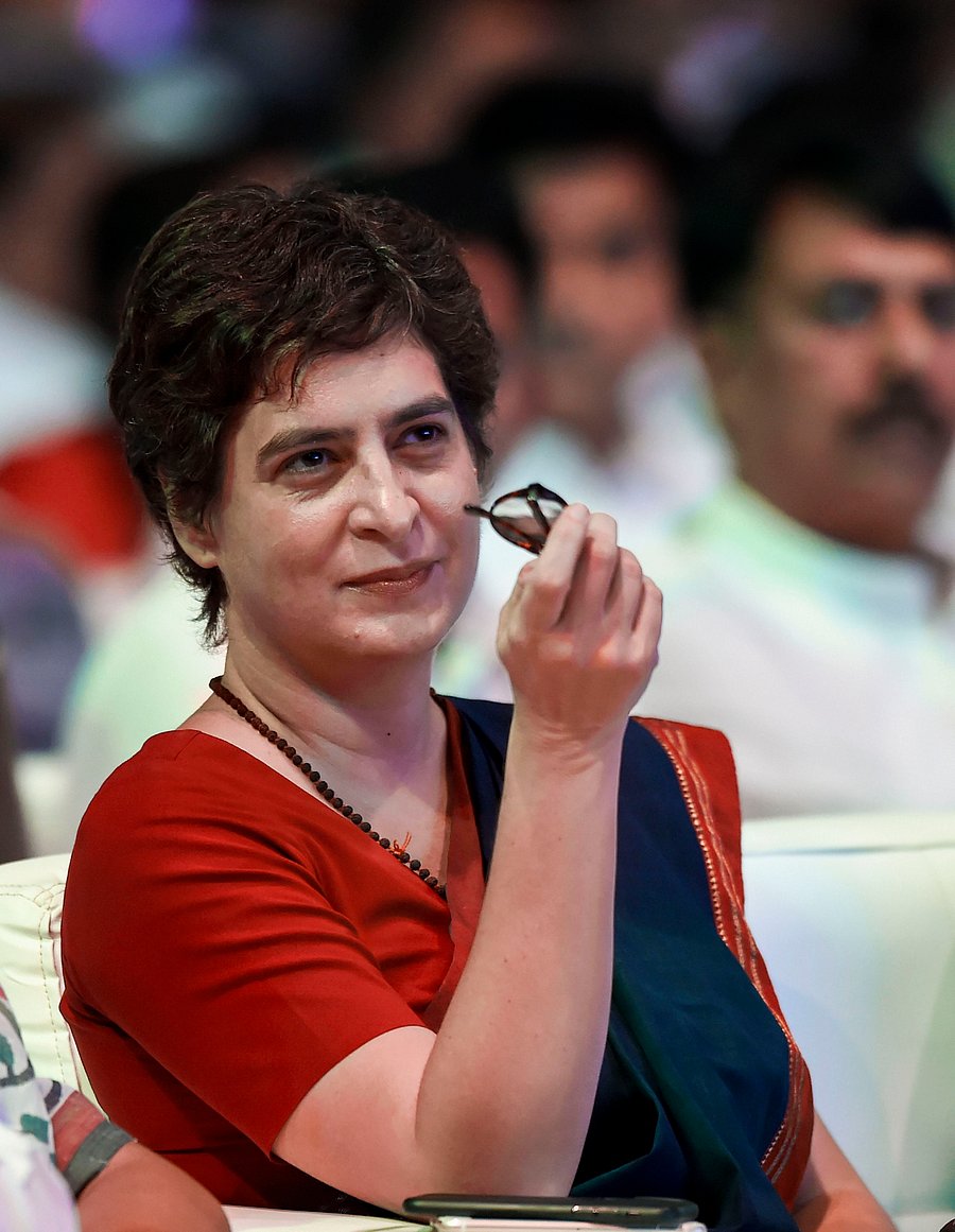 Congress General Secretary Priyanka Gandhi during the 75th birth anniversary celebrations of former prime minister Rajiv Gandhi. (PTI Photo)